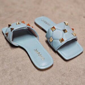 Quilted Sky Blue Slide Sandals With Gold Studs Square Toe Casual Flat Design For
